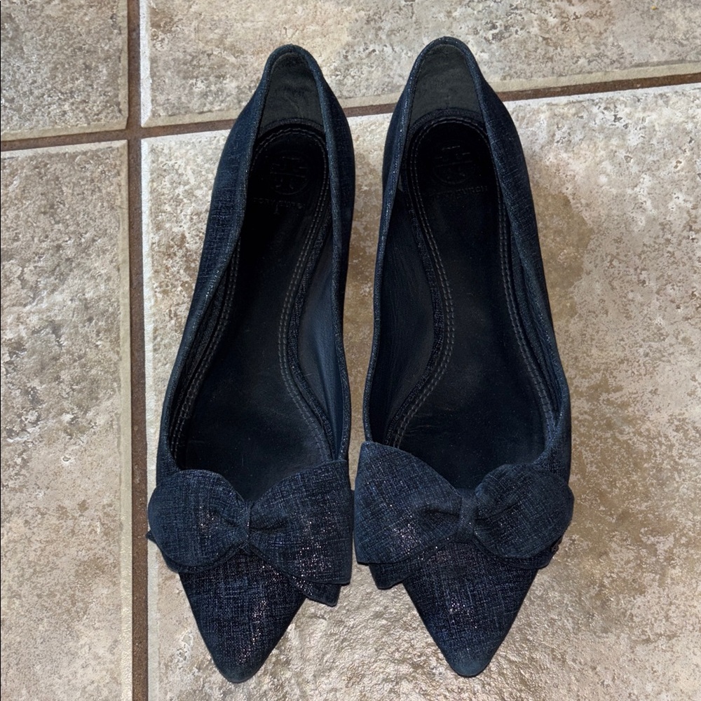 Tory Burch Denim/Metallic Textured Bow Flats